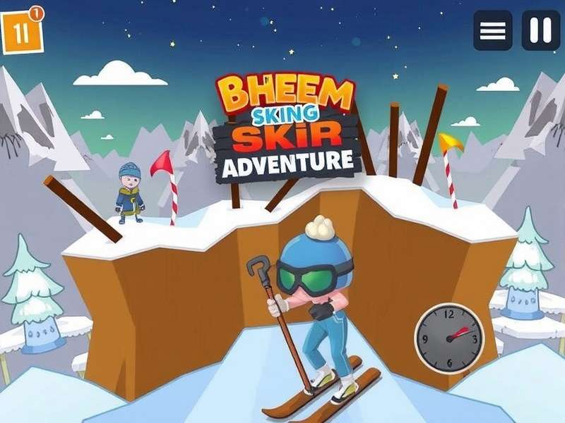 Bheem skiing down a snowy mountain with friends Bheem S Skiing Adventure Gameplay Screenshot